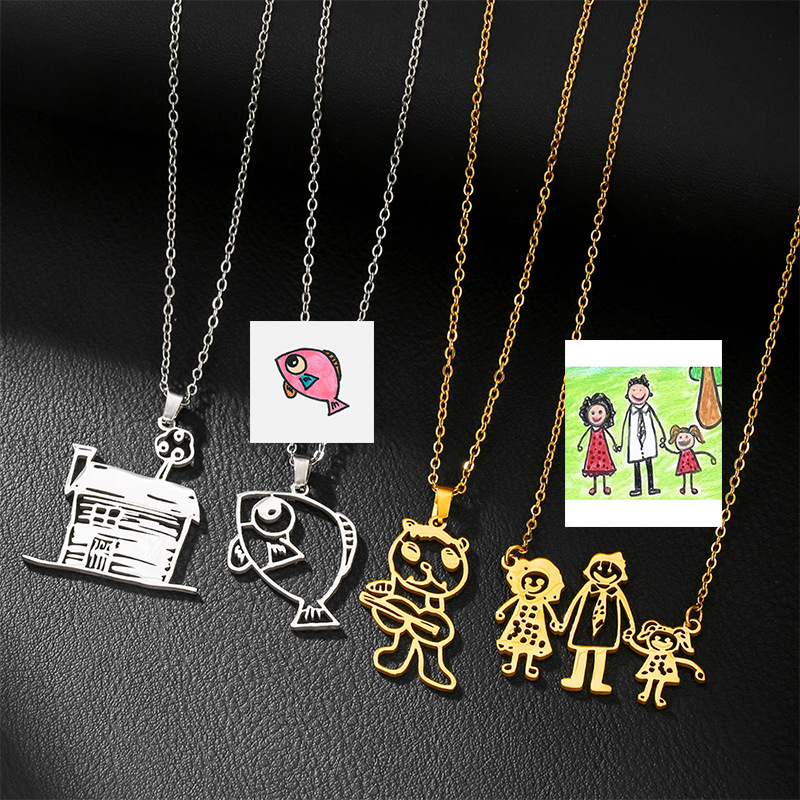 Photography Logo - DIY カスタムロゴ子供の絵のペンダントネックレスパーソナライズされた子供のアートワーク画像ステンレス鋼ネックレスメモリギフト